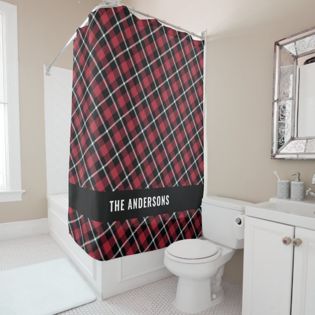 Rideaux De Douche Rouge noir tartan moderne rustique personnalisé (En situation)