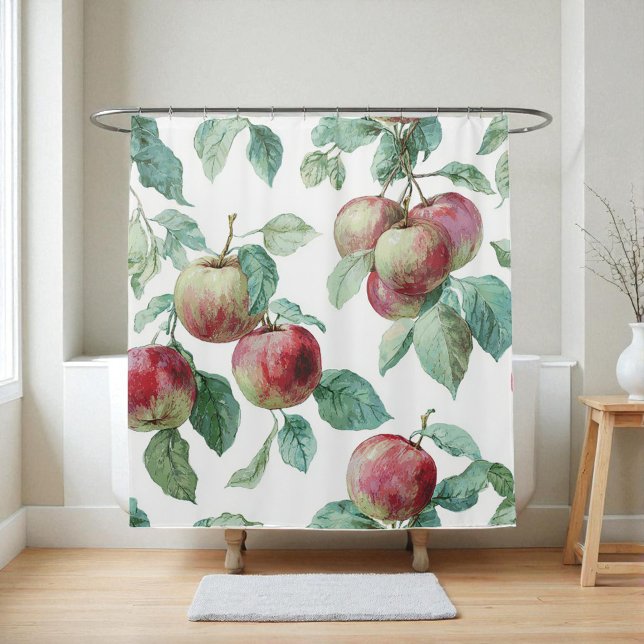 Rideaux De Douche Rouge vert pomme Motif Aquarelle Russe (Red Green Apple Fruit Pattern Watercolor Rustic Shower Curtain)