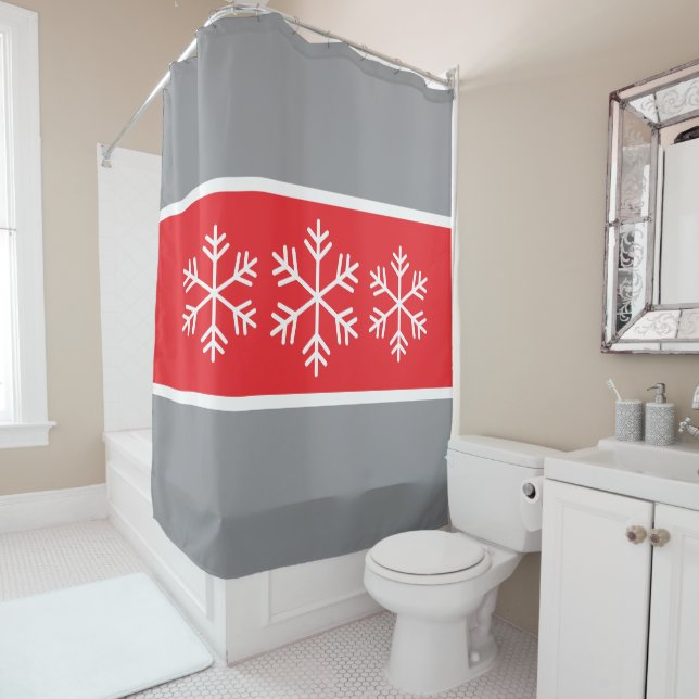 Rideaux De Douche Rouges Clair Rayures Grises Flocons de Neige Alpin (En situation)