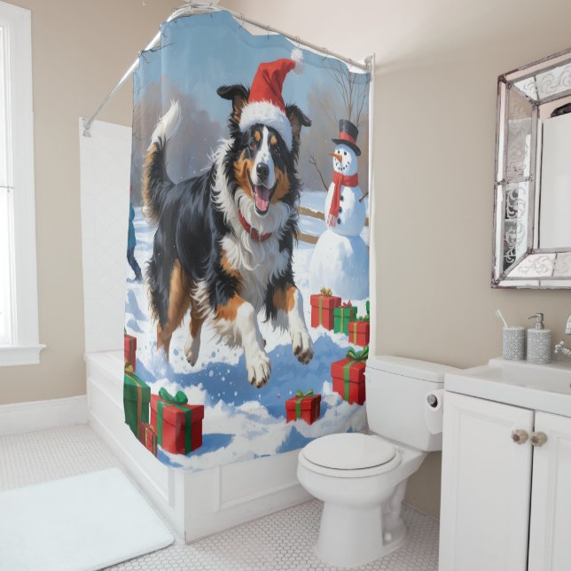 Rideaux De Douche Rough Collie Courir dans la neige avec le Casquett (En situation)