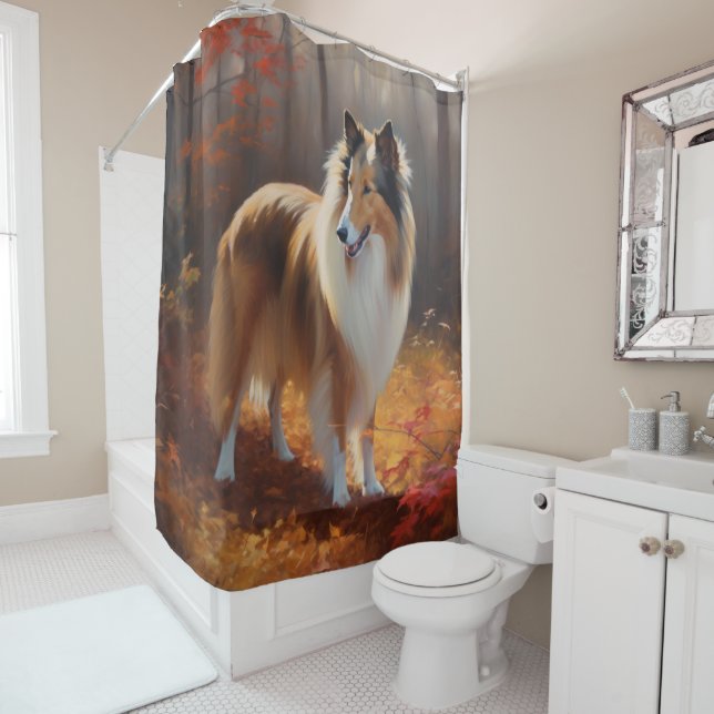 Rideaux De Douche Rough Collie dans l'automne Leaves automne Inspire (En situation)