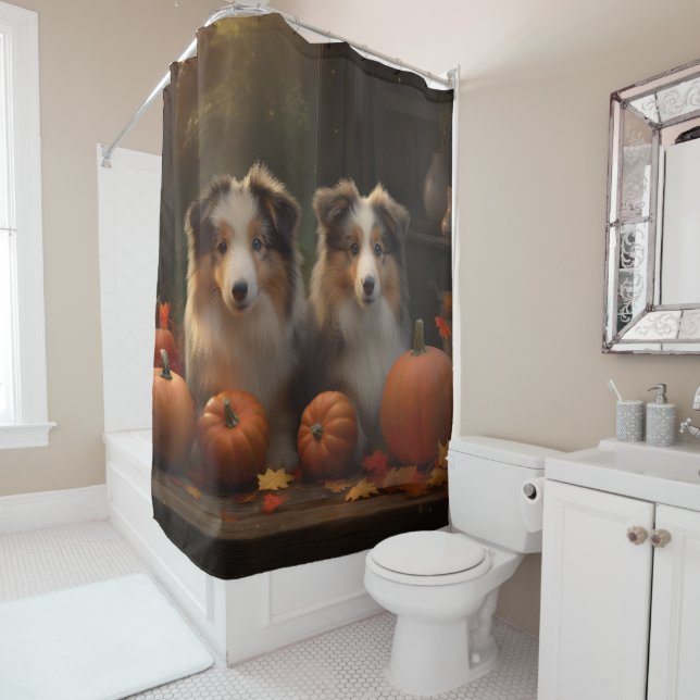 Rideaux De Douche Rough Collie Puppy Automne Citrouille de plaisir (En situation)