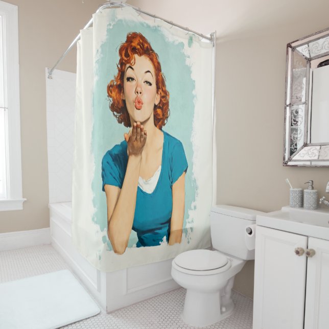 Rideaux De Douche Roux Rétro Envoyant un Baiser Sucré (En situation)