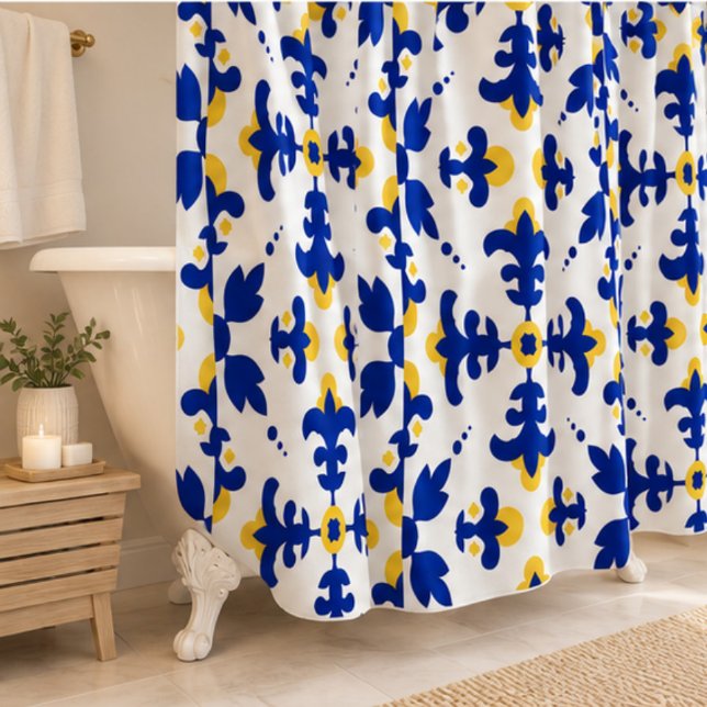 Rideaux De Douche Royal Fleur Bold Blue and Gold Botanical  (Créateur téléchargé)