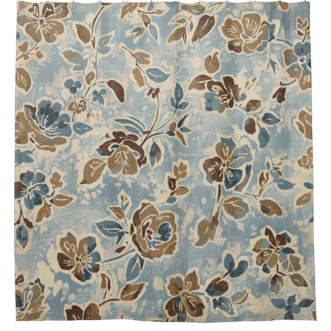 Rideaux De Douche Rustic Blue Brown Tan Floral (Devant)