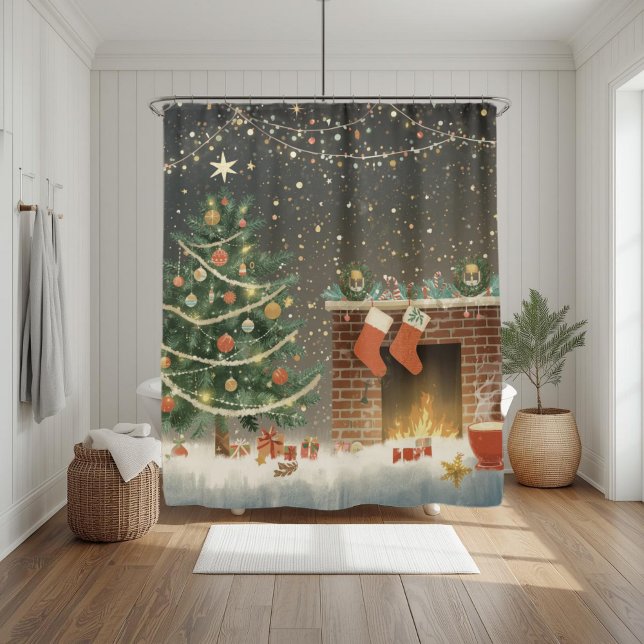 Rideaux De Douche Rustic Christmas Tree and Fireplace Shower Curtain (Créateur téléchargé)