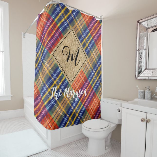 Rideaux De Douche Rustic Farmhouse Burlap Nom du plan Monogramme (En situation)