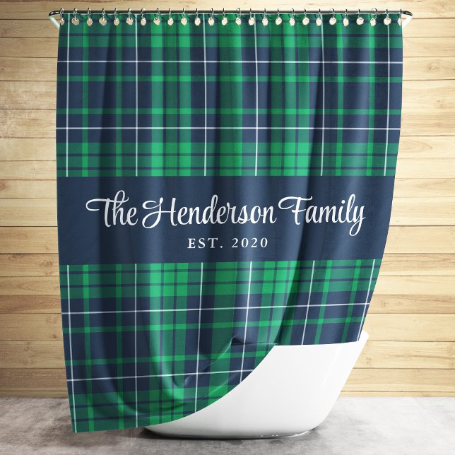 Rideaux De Douche Rustic Green Blue Nom de famille Plaid (Rustic Green Blue Plaid Family Name Shower Curtain)