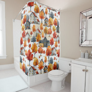 Rideaux De Douche Rustique Aquarelle bois Motif Village