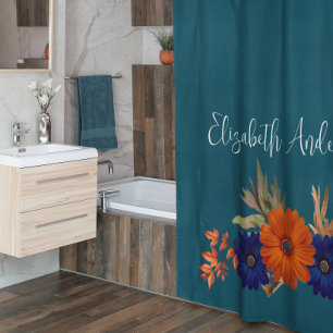 Rideaux De Douche Rustique Automne Orange Navy Bleu Floral