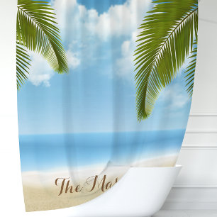 Rideaux De Douche Sable de Plage et Palmiers de l'Océan Monogramme