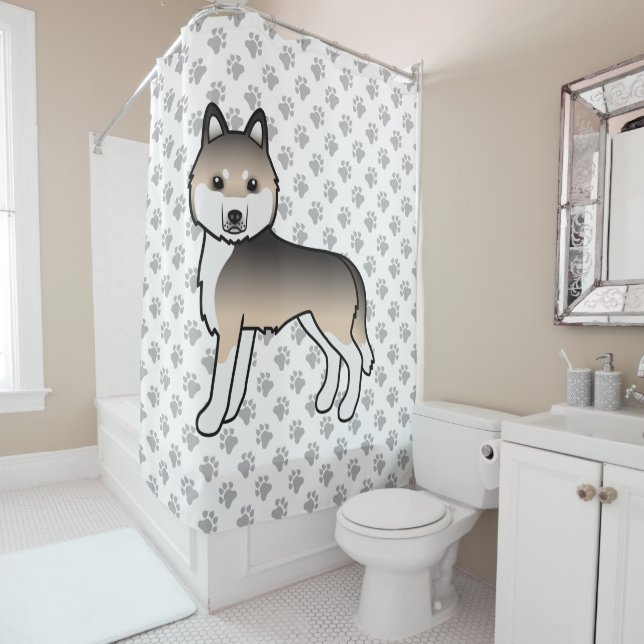 Rideaux De Douche Sable Sibérie Husky mignon chien de dessin (En situation)