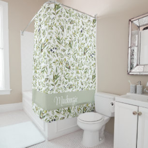 Rideaux De Douche Sage Aquarelle Monogramme Olives Campagne Français