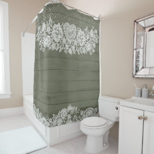 Rideaux De Douche Sage Green, Russe et White Lace Lacy Farmhouse
