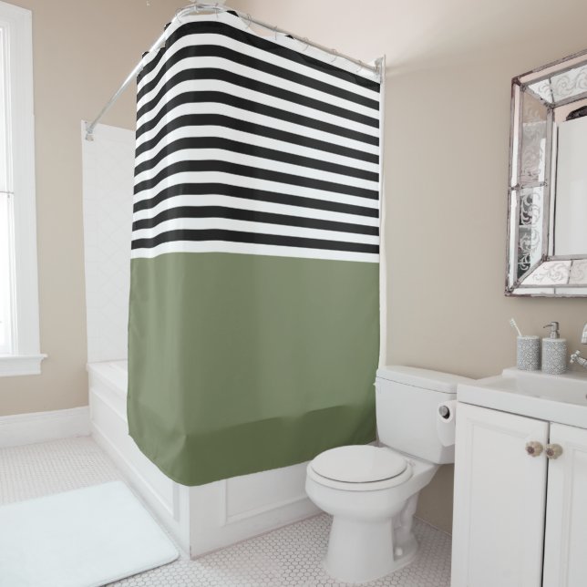 Rideaux De Douche Sage vert avec bandes noires et blanches (En situation)