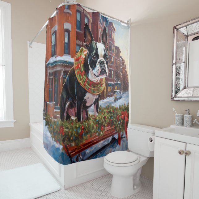 Rideaux De Douche Saison de Noël de Boston Terrier (En situation)