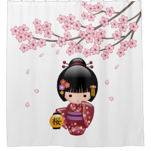 Rideaux De Douche Sakura Kokeshi Doll Geisha Girl Cherry Blossom