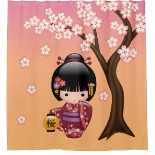 Rideaux De Douche Sakura Kokeshi Doll Geisha Girl sur Jaune
