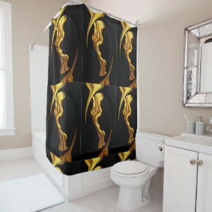 Rideaux De Douche Salle de bain étanche noir avec tourbillon doré lu