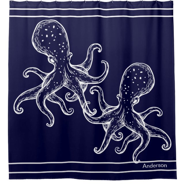 Rideaux De Douche Salle de bain nautique Océan Marine Bleu Octopus B (Devant)