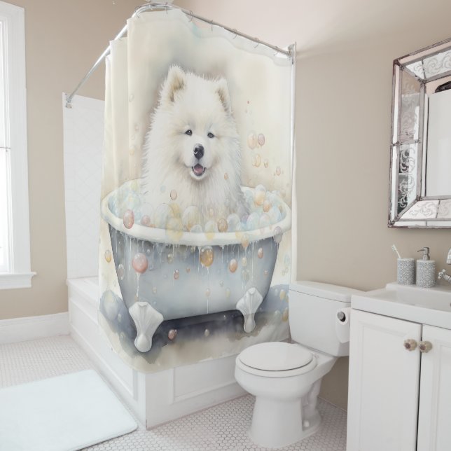 Rideaux De Douche Samoyé Dans Baignoire Aquarelle Chien Art (En situation)