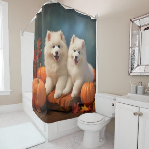 Rideaux De Douche Samoyed Chiot Automne Citrouille de plaisir