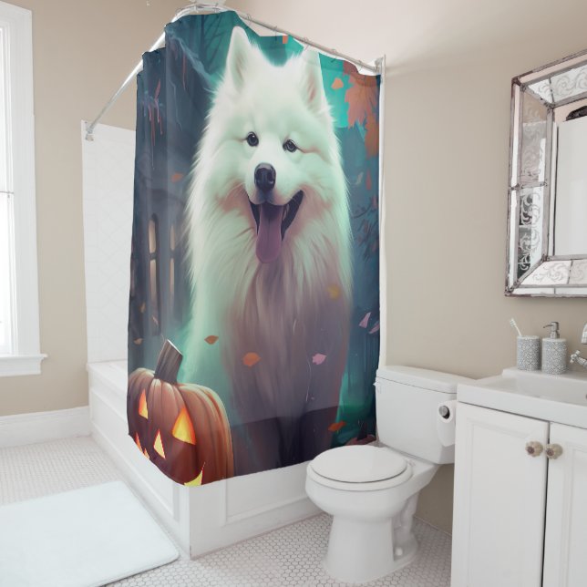 Rideaux De Douche Samoyède d'Halloween avec citrouilles effrayant (En situation)
