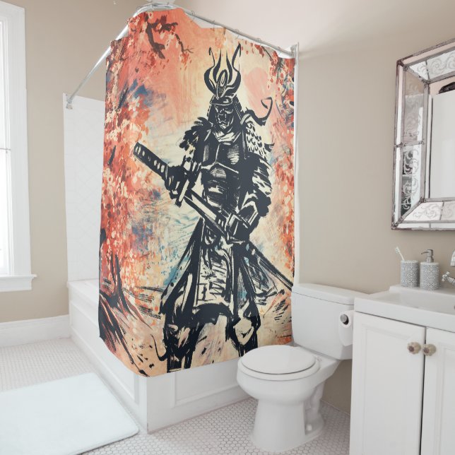 Rideaux De Douche Samurai Warrior ; Art Japonais Traditionnel (En situation)