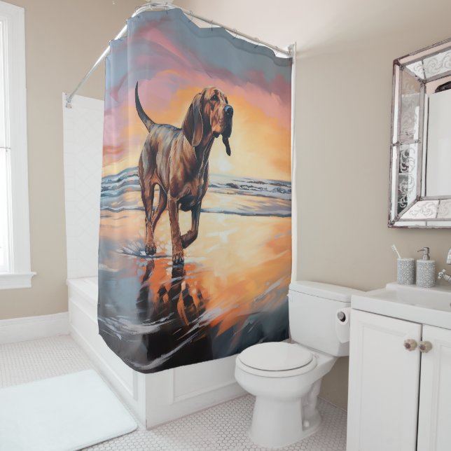 Rideaux De Douche Sandy Paws Bloodhound Dog on Beach Sunset (En situation)