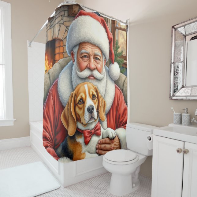 Rideaux De Douche Santa Claus Holding Beagle Christmas Art (En situation)