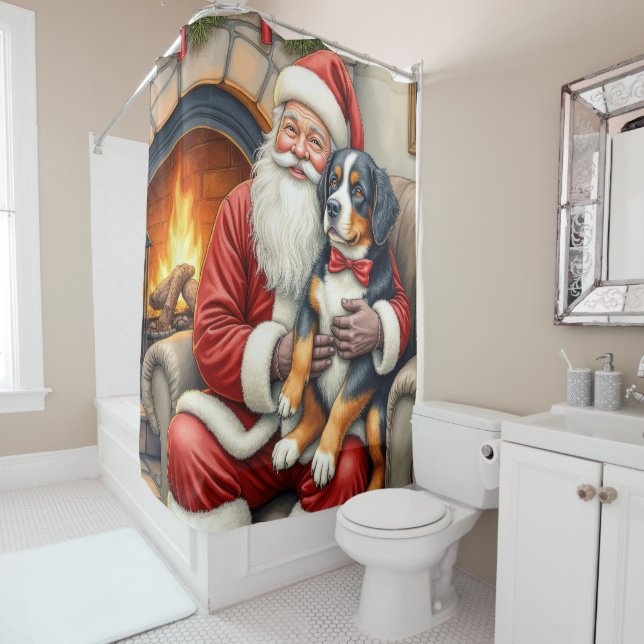 Rideaux De Douche Santa Claus Holding Bernese Mountain Dog Christmas (En situation)