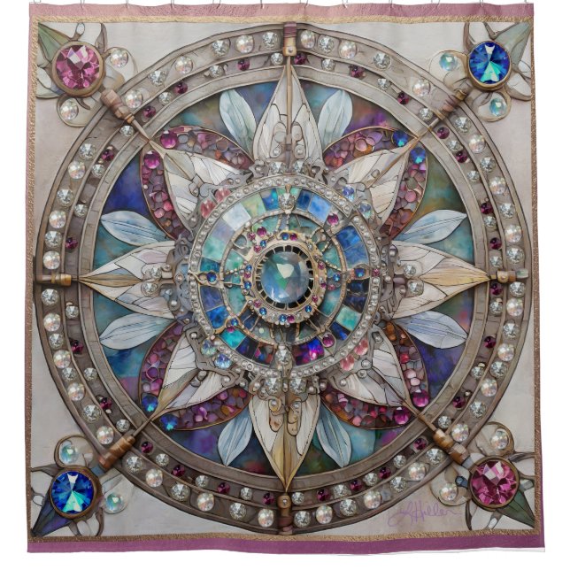 Rideaux De Douche Saphirs roses et bleus Diamants Perles Mandala (Devant)