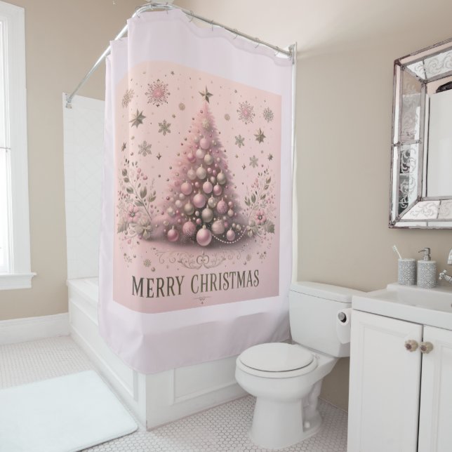 Rideaux De Douche Sapin de Noël rose Joyeux Noël (En situation)
