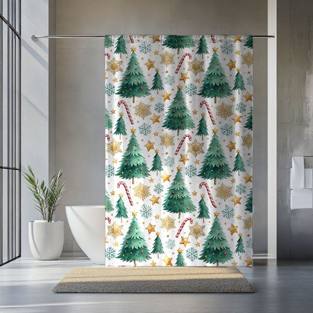 Rideaux De Douche Sapins de Noël raffinés accent de douche à l'aquar (Refined Christmas trees watercolor shower accent Shower Curtain)
