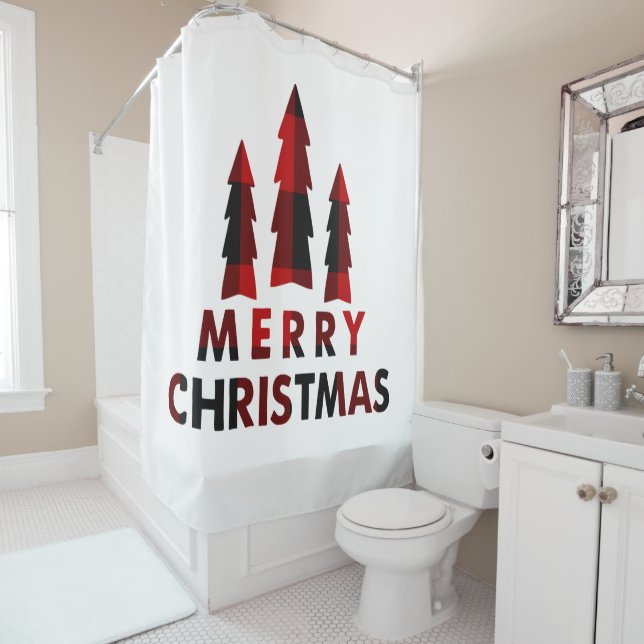 Rideaux De Douche Sapins de Noël rustiques rouges à carreaux buffle (En situation)