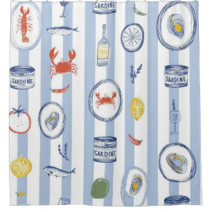 Rideaux De Douche Sardine de mer Méditerranée motif rayure bleue