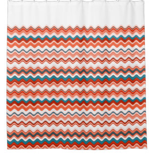 Rideaux De Douche Saumon de corail Orange Blue Wavy Zigzag Motif