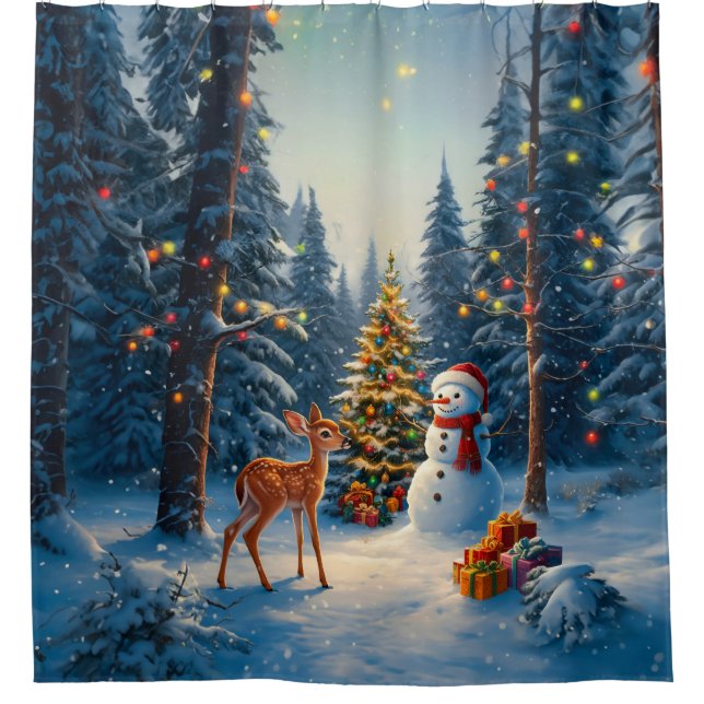 Rideaux De Douche Scene d'arbre de Noël Cute Deer Fawn Snowman (Devant)