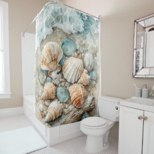 Rideaux De Douche Scène de coquillages côtiers à l'aquarelle et bois