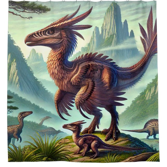 Rideaux De Douche Scène de dinosaure aux plumes vives (Devant)