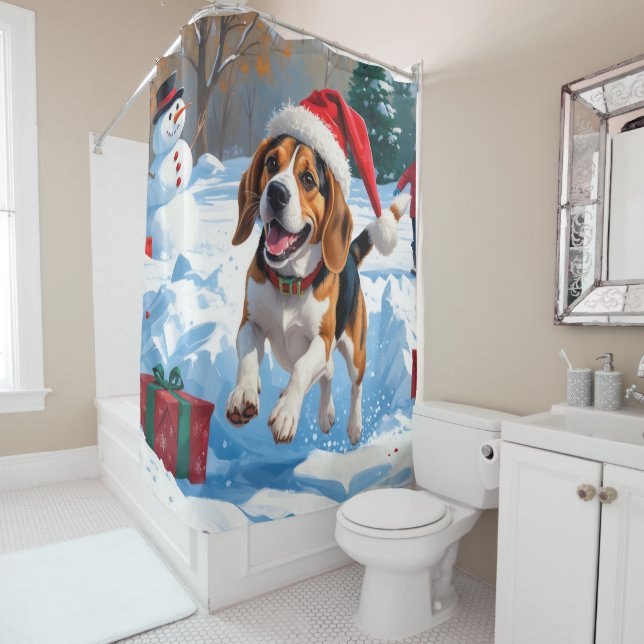 Rideaux De Douche Scène de neige festive de Noël avec Beagle (En situation)
