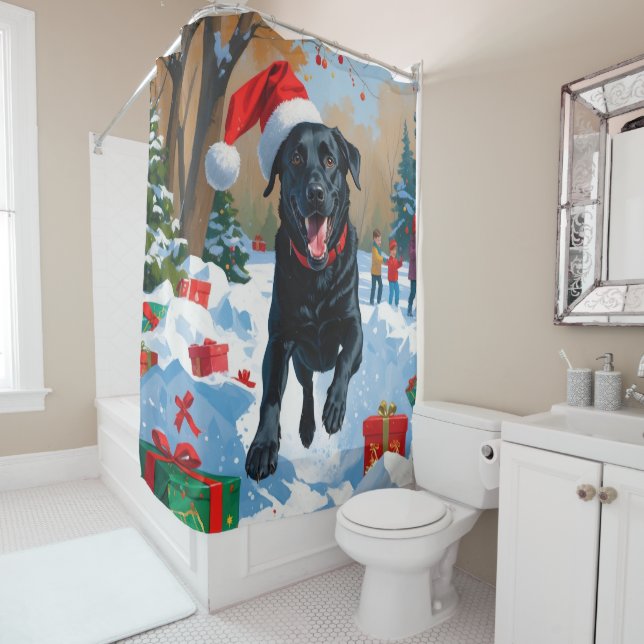 Rideaux De Douche Scène de neige festive de Noël avec Labrador noir  (En situation)