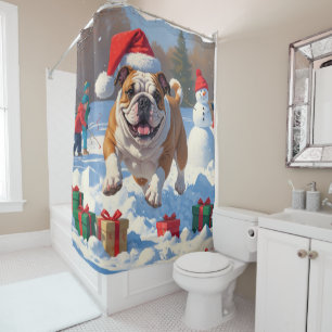 Rideaux De Douche Scène de neige festive de Noël Bulldog