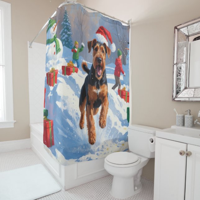 Rideaux De Douche Scène de neige festive de Noël d'Airedale (En situation)
