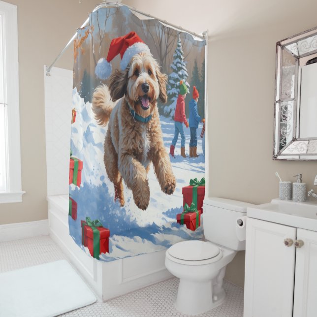 Rideaux De Douche Scène de Noël enneigée avec un Bernedoodle festif (En situation)