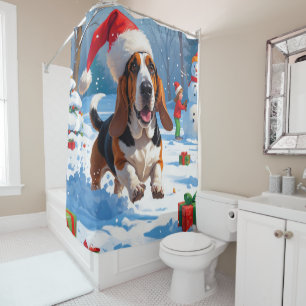 Rideaux De Douche Scène de Noël festive avec Basset Hound dans la ne