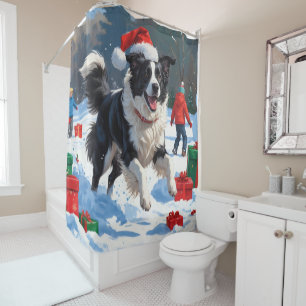 Rideaux De Douche Scène de Noël festive avec Border Collie dans la n