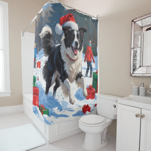 Rideaux De Douche Scène de Noël festive avec Border Collie dans la n (En situation)