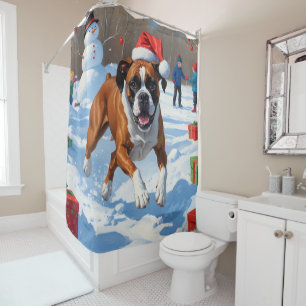Rideaux De Douche Scène de Noël festive avec un Boxer dans la neige