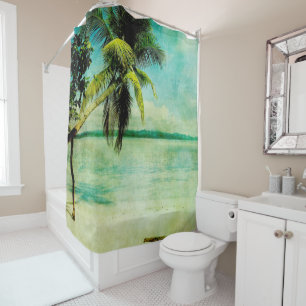 Rideaux De Douche Scène de plage tropicale peinture vintage